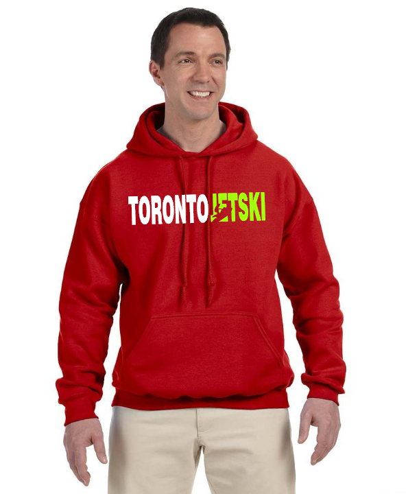 Red Toronto Jet Ski Logo Hoodie, showcasing the iconic Toronto Jet Ski logo prominently on the front. This vibrant hoodie combines urban style with practical comfort, ideal for watersport enthusiasts. The bold red color adds a striking pop of color to your casual wardrobe.