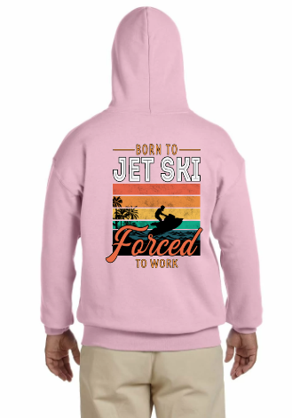 On the back of the Pink Toronto Jet Ski Logo Hoodie, a vibrant square box showcases the phrase 'born to jet ski forced to work' in red, orange, yellow, and green, creating a dynamic backdrop. Within the box, a black silhouette of a man on a Sea-Doo adds an adventurous touch, embodying the spirit of watersport enthusiasts. This unique design captures the thrill and freedom of jet skiing, making a bold statement for those who love the open water.
