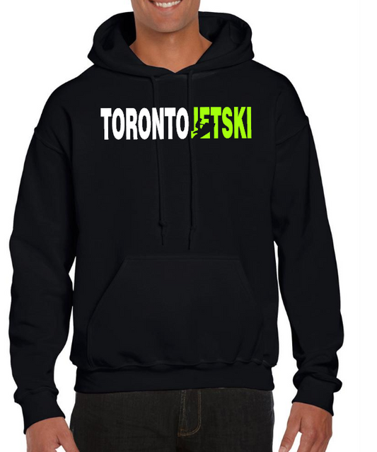 Black Toronto Jet Ski Logo Hoodie, featuring the iconic Toronto Jet Ski logo emblazoned prominently on the front. This hoodie combines urban style with practical comfort, perfect for watersport enthusiasts. The sleek black color adds a touch of sophistication to your casual wardrobe.