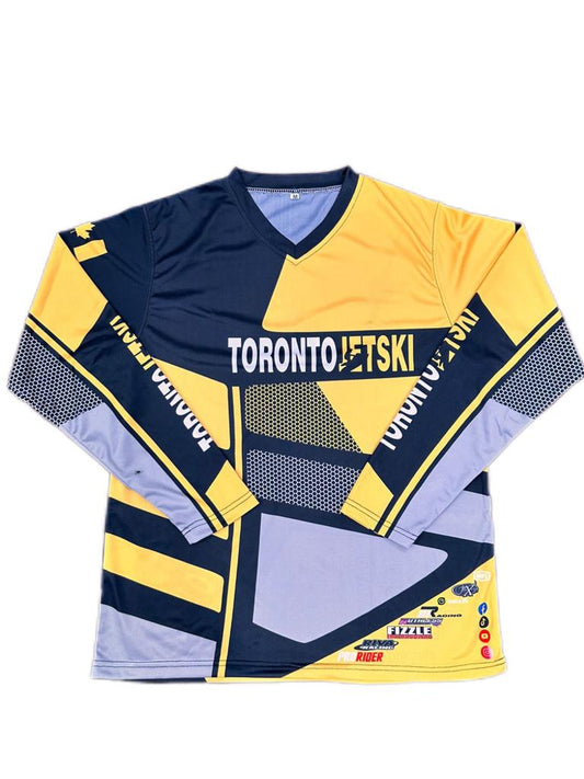 New Design Toronto Jet Ski Jersey in vibrant yellow and black color scheme. The jersey features bold black stripes running diagonally across the chest and sleeves, with 'Toronto' printed in sleek black font on the front. The material is lightweight and breathable, perfect for high-performance jet skiing.