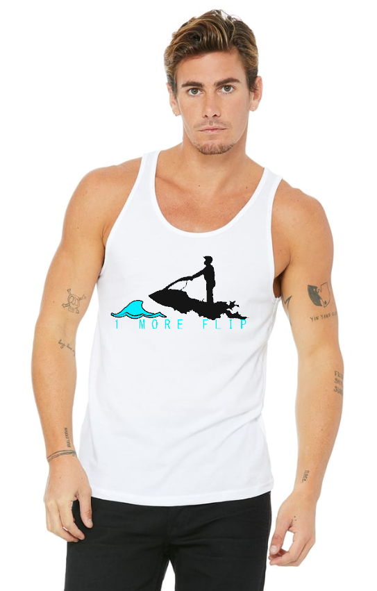 Unisex Toronto Jet Ski Jersey Tank-Top in white, featuring the logo '1 more flip' in white lettering. A neon yellow silhouette of a man is depicted atop a teal water graphic on the front. Perfect for watersport enthusiasts seeking comfort and style.