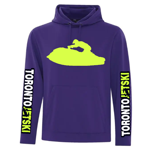 Toronto Jet Ski Water Performance Hoodie in Purple, featuring a neon yellow silhouette of a man on a Sea-Doo for added style and attitude. The arms display the word 'Toronto' in white, with 'jetskis' in vibrant neon green, offering a dynamic contrast against the purple backdrop. Crafted for water performance, this hoodie combines comfort and functionality for watersport enthusiasts.