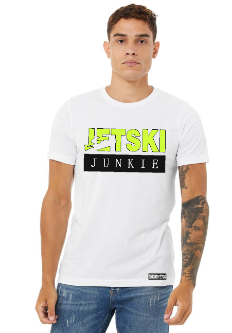 Jet Ski Junkies White T-shirts, designed for watersport enthusiasts. These shirts feature bold graphics and comfortable fabric, perfect for expressing your love for jet skiing. Available in various styles and shades of white to suit your personal taste and preference.