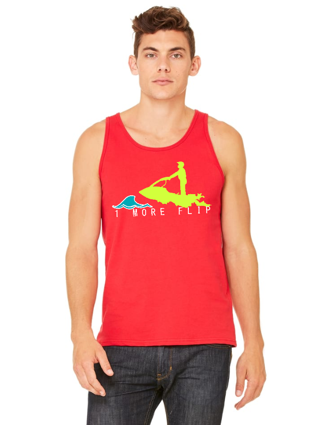 Unisex Toronto Jet Ski Jersey Tank-Top in bright red, featuring the logo '1 more flip' in white lettering. A neon yellow silhouette of a man is depicted atop a teal water graphic on the front. Perfect for watersport enthusiasts seeking comfort and style.