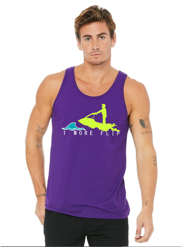 Unisex Toronto Jet Ski Jersey Tank-Top in purple, featuring the logo '1 more flip' in white lettering. A neon yellow silhouette of a man is depicted atop a teal water graphic on the front. Perfect for watersport enthusiasts seeking comfort and style.