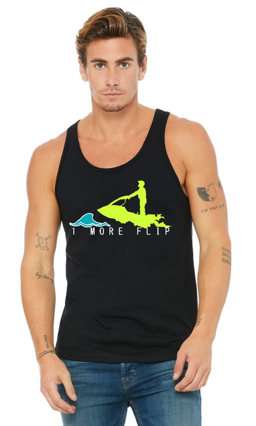 Unisex Toronto Jet Ski Jersey Tank-Top in black, featuring the logo '1 more flip' in white lettering. A neon yellow silhouette of a man is depicted atop a teal water graphic on the front. Perfect for watersport enthusiasts seeking comfort and style.