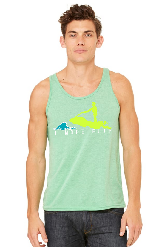 Unisex Toronto Jet Ski Jersey Tank-Top in light green, featuring the logo '1 more flip' in white lettering. A neon yellow silhouette of a man is depicted atop a teal water graphic on the front. Perfect for watersport enthusiasts seeking comfort and style.