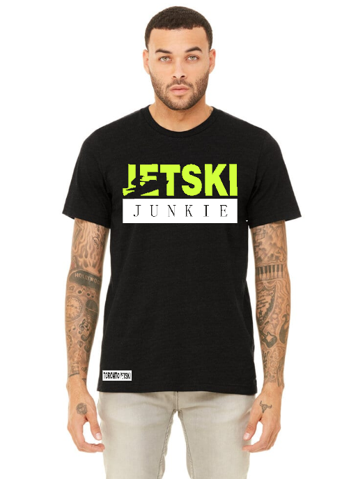 Jet Ski Junkies Black T-shirt, tailored for watersport enthusiasts. This sleek shirt showcases 'Jet Ski' in neon yellow, with 'Junkies' outlined in a white box, creating a striking contrast against the black fabric. Crafted for comfort, it's the perfect choice for expressing your passion for jet skiing with style.