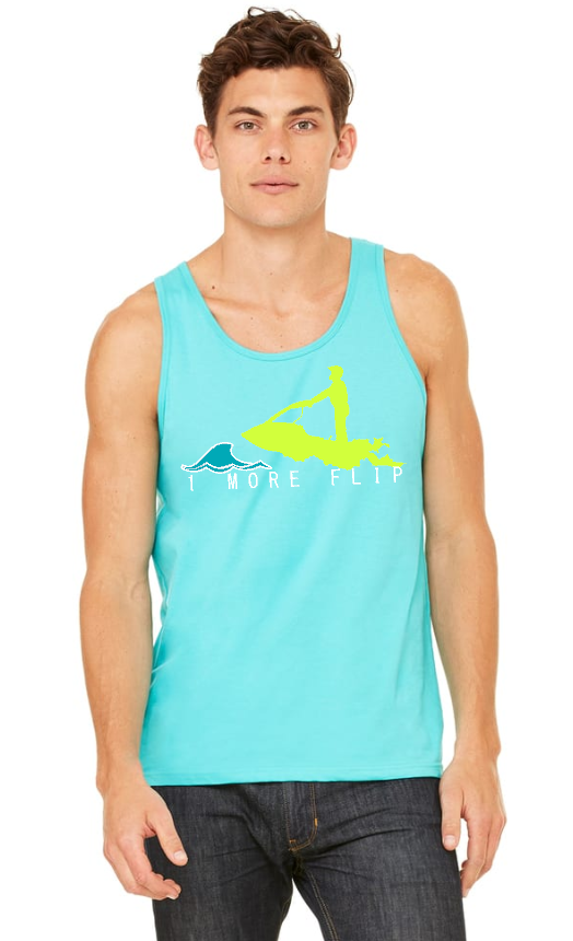 Unisex Toronto Jet Ski Jersey Tank-Top in baby blue, featuring the logo '1 more flip' in white lettering. A neon yellow silhouette of a man is depicted atop a teal water graphic on the front. Perfect for watersport enthusiasts seeking comfort and style.