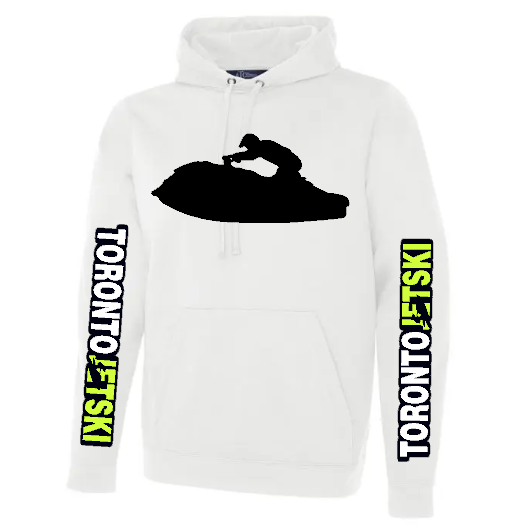 Toronto Jet Ski Water Performance Hoodie in White, featuring a black silhouette of a man on a Sea-Doo for added style and attitude. The arms display the word 'Toronto' in white, with 'jetskis' in vibrant neon yellow, offering a dynamic contrast against the white backdrop. Crafted for water performance, this hoodie combines comfort and functionality for watersport enthusiasts.