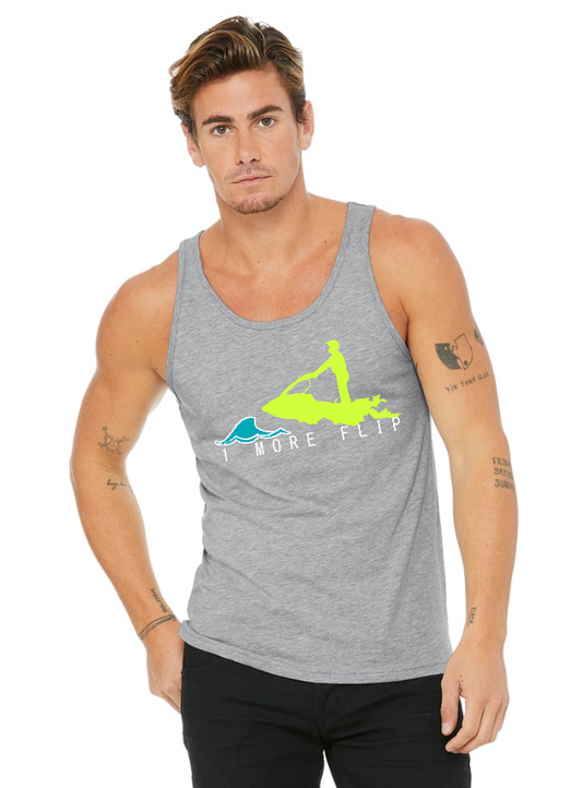 Unisex Toronto Jet Ski Jersey Tank-Top in grey, featuring the logo '1 more flip' in white lettering. A neon yellow silhouette of a man is depicted atop a teal water graphic on the front. Perfect for watersport enthusiasts seeking comfort and style.