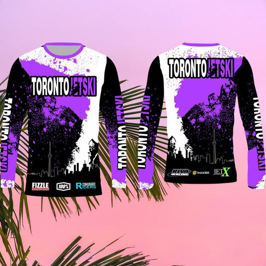 Toronto Jet Ski Water Sport Jersey in purple, white, and black, featuring the iconic Toronto skyline in black with white outlines on the front. 'Toronto Jetski' is prominently displayed on the chest and sleeves, with 'Toronto' in white and 'jetski' in purple. The front and back of the jersey mirror each other in design, offering a stylish and unified look for water sport enthusiasts.