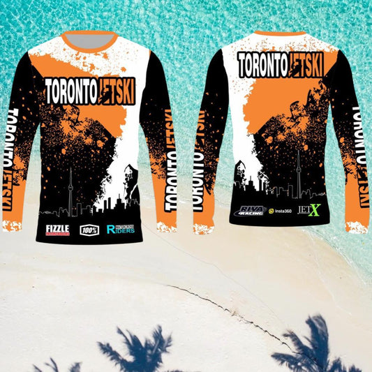 Toronto Jet Ski Water Sport Jersey in orange, white, and black, featuring the iconic Toronto skyline in black with white outlines on the front. 'Toronto Jetski' is prominently displayed on the chest and sleeves, with 'Toronto' in white and 'jetski' in orange. The front and back of the jersey mirror each other in design, offering a stylish and unified look for water sport enthusiasts.