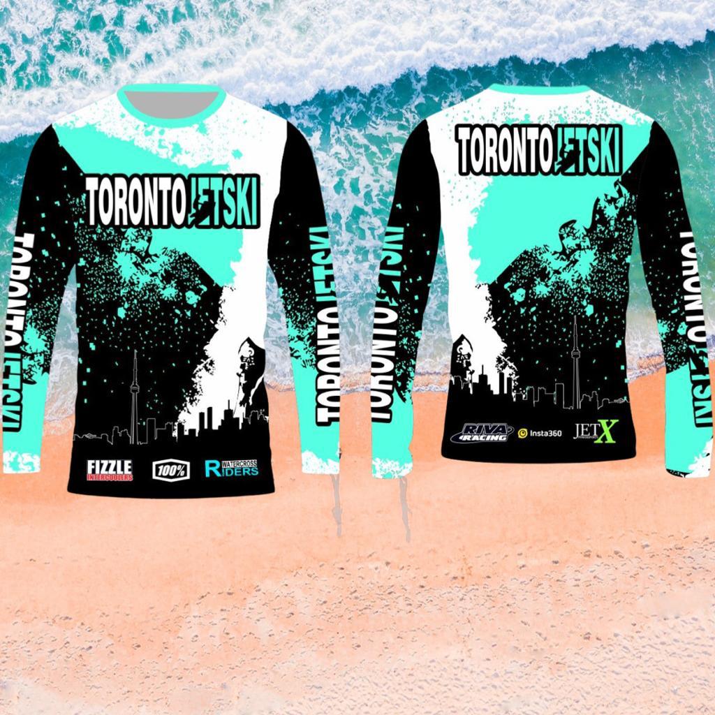 Toronto Jet Ski Water Sport Jersey in teal, white, and black, featuring the iconic Toronto skyline in black with white outlines on the front. 'Toronto Jetski' is prominently displayed on the chest and sleeves, with 'Toronto' in white and 'jetski' in teal. The front and back of the jersey mirror each other in design, offering a stylish and unified look for water sport enthusiasts.