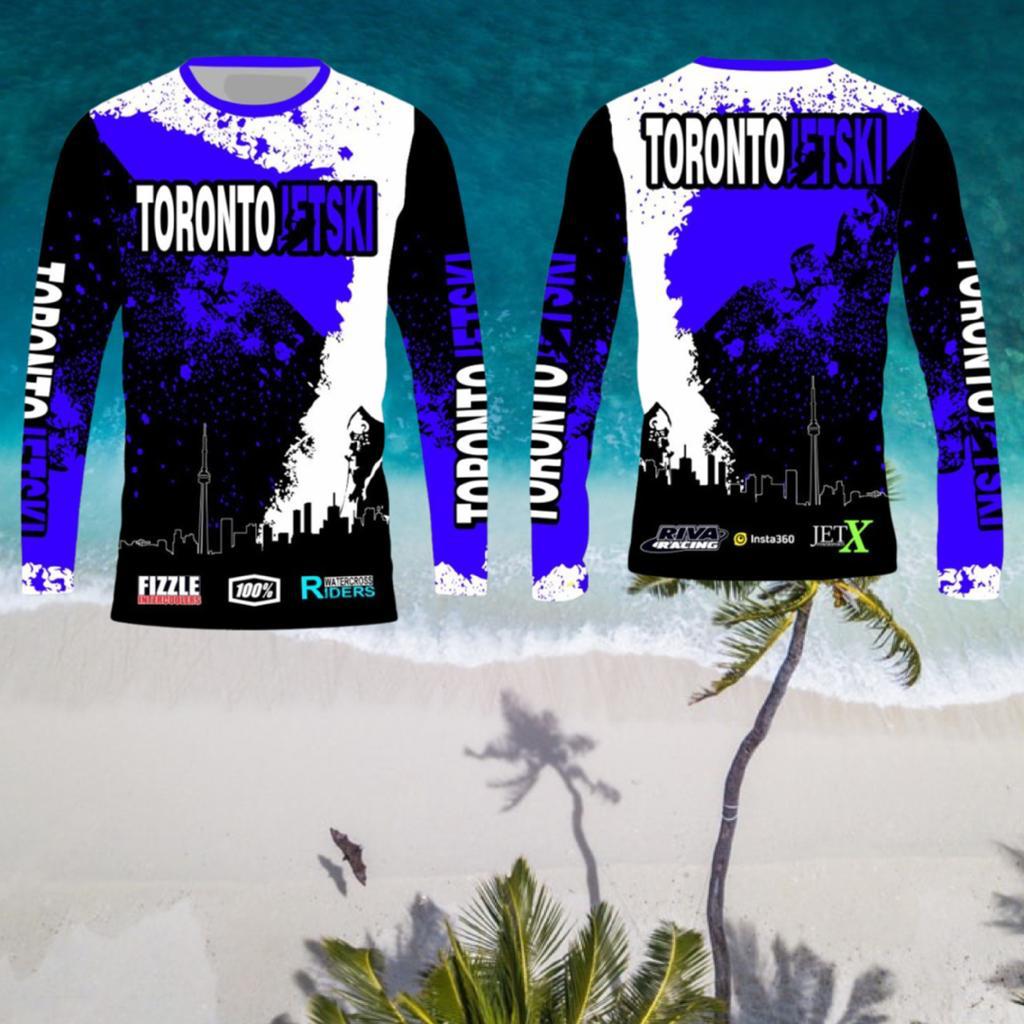 Toronto Jet Ski Water Sport Jersey in blue, white, and black, featuring the iconic Toronto skyline in black with white outlines on the front. 'Toronto Jetski' is prominently displayed on the chest and sleeves, with 'Toronto' in white and 'jetski' in blue. The front and back of the jersey mirror each other in design, offering a stylish and unified look for water sport enthusiasts.