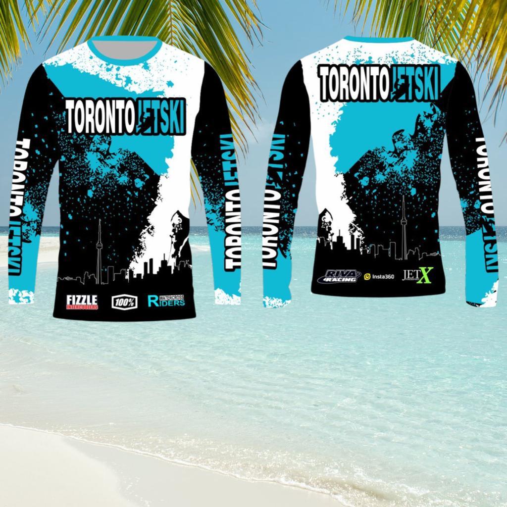 Toronto Jet Ski Water Sport Jersey in light blue, white, and black, featuring the iconic Toronto skyline in black with white outlines on the front. 'Toronto Jetski' is prominently displayed on the chest and sleeves, with 'Toronto' in white and 'jetski' in light blue. The front and back of the jersey mirror each other in design, offering a stylish and unified look for water sport enthusiasts.
