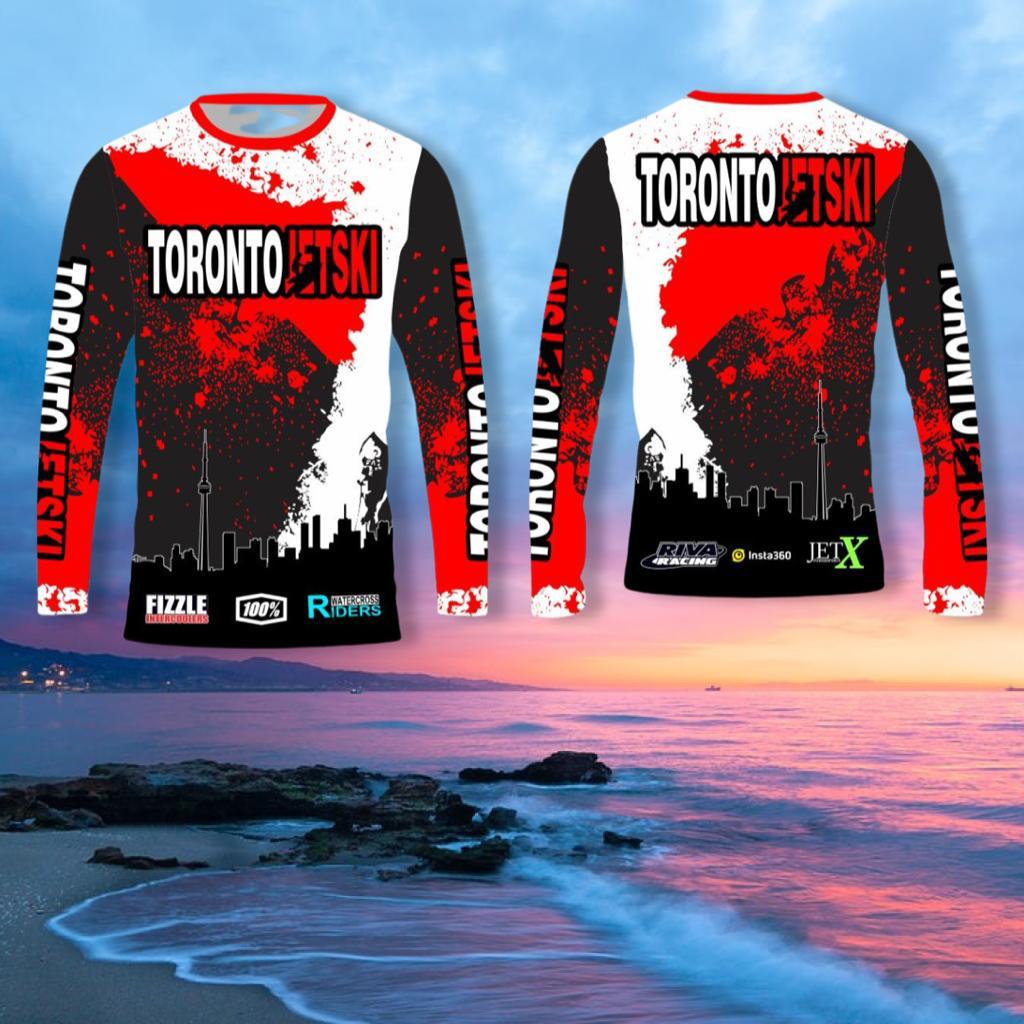 Toronto Jet Ski Water Sport Jersey in red, white, and black, featuring the iconic Toronto skyline in black with white outlines on the front. 'Toronto Jetski' is prominently displayed on the chest and sleeves, with 'Toronto' in white and 'jetski' in red. The front and back of the jersey mirror each other in design, offering a stylish and unified look for water sport enthusiasts.