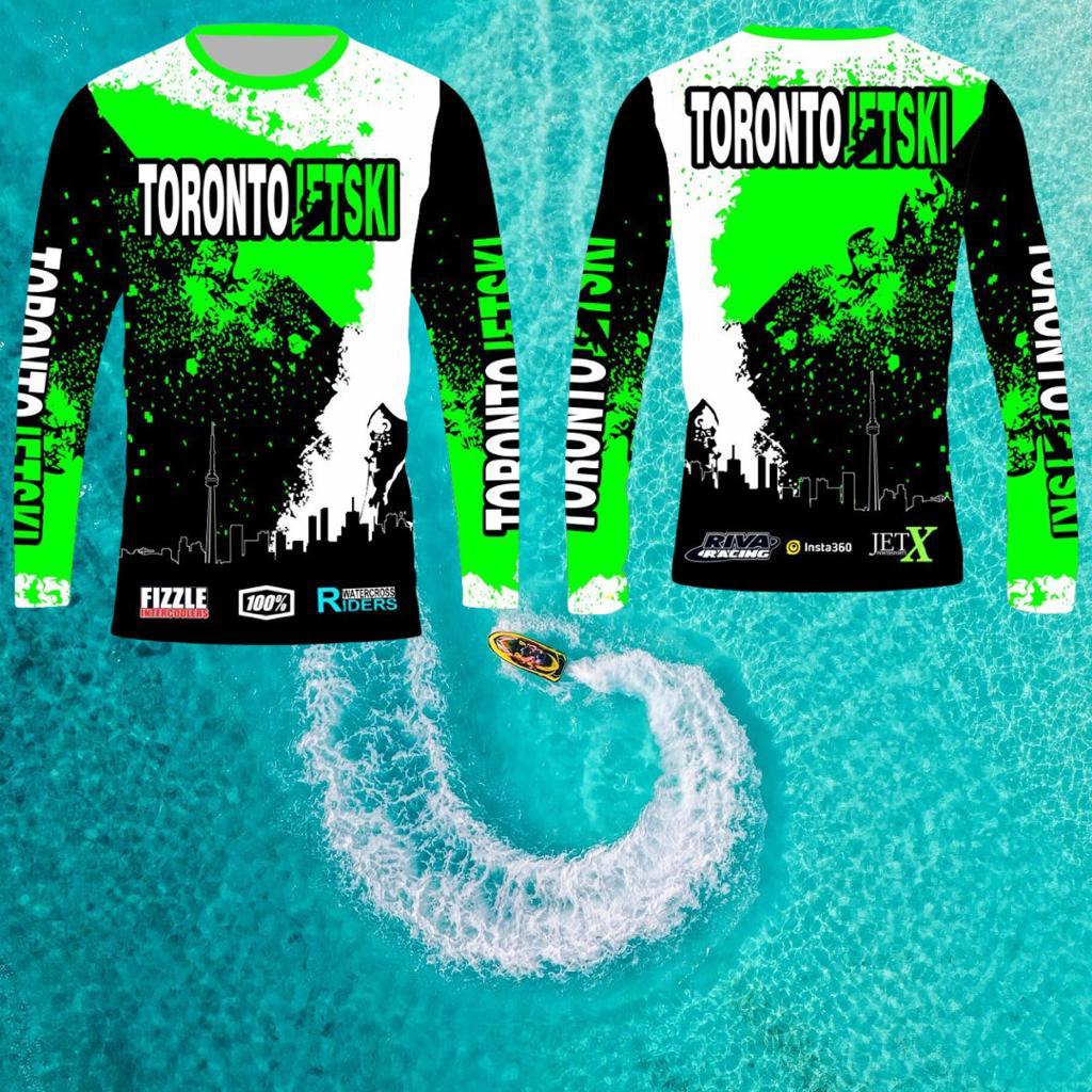 Toronto Jet Ski Water Sport Jersey in neon green, white, and black, featuring the iconic Toronto skyline in black with white outlines on the front. 'Toronto Jetski' is prominently displayed on the chest and sleeves, with 'Toronto' in white and 'jetski' in neon green. The front and back of the jersey mirror each other in design, offering a stylish and unified look for water sport enthusiasts.