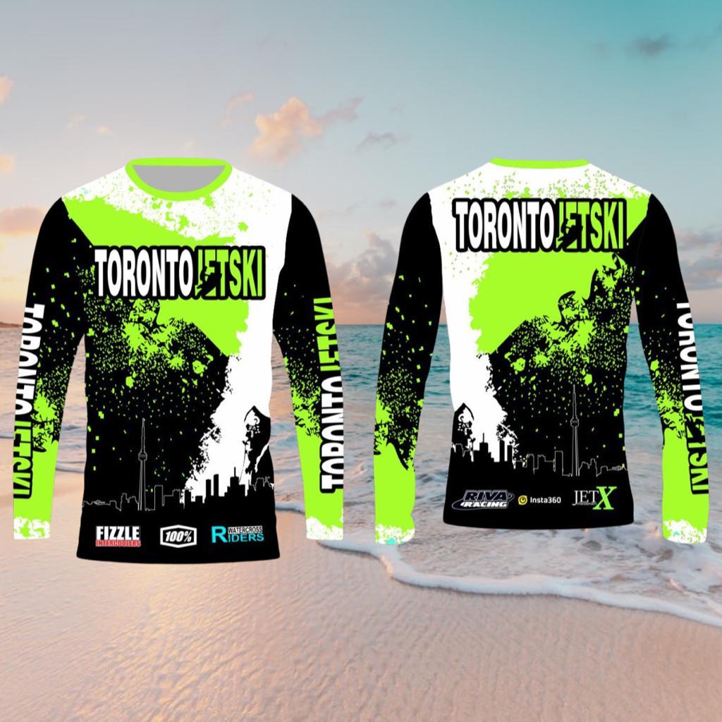 Toronto Jet Ski Water Sport Jersey in bright neon green, white, and black, featuring the iconic Toronto skyline in black with white outlines on the front. 'Toronto Jetski' is prominently displayed on the chest and sleeves, with 'Toronto' in white and 'jetski' in bright neon green. The front and back of the jersey mirror each other in design, offering a stylish and unified look for water sport enthusiasts.
