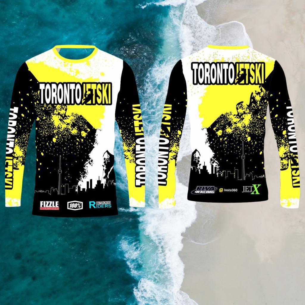 Toronto Jet Ski Water Sport Jersey in neon yellow, white, and black, featuring the iconic Toronto skyline in black with white outlines on the front. 'Toronto Jetski' is prominently displayed on the chest and sleeves, with 'Toronto' in white and 'jetski' in neon yellow. The front and back of the jersey mirror each other in design, offering a stylish and unified look for water sport enthusiasts.