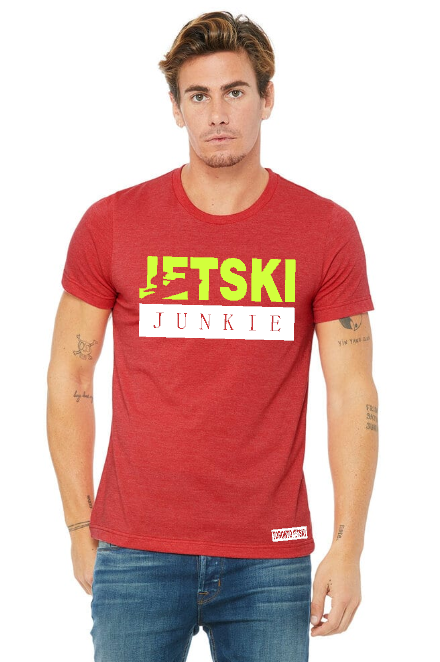 Jet Ski Junkies Red T-shirt, designed for watersport enthusiasts. This bold shirt features 'Jet Ski' in neon yellow, with 'Junkies' outlined in a white box, creating a vibrant contrast against the red fabric. Crafted for comfort, it's the perfect choice for expressing your passion for jet skiing with style.