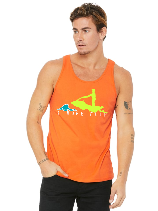 Unisex Toronto Jet Ski Jersey Tank-Top in orange, featuring the logo '1 more flip' in white lettering. A neon yellow silhouette of a man is depicted atop a teal water graphic on the front. Perfect for watersport enthusiasts seeking comfort and style.