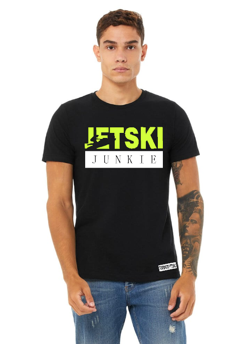 Jet Ski Junkies Black T-shirt, tailored for watersport enthusiasts. This sleek shirt showcases 'Jet Ski' in neon yellow, with 'Junkies' outlined in a white box, creating a striking contrast against the black fabric. Crafted for comfort, it's the perfect choice for expressing your passion for jet skiing with style.