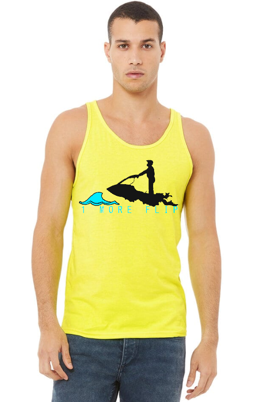 Unisex Toronto Jet Ski Jersey Tank-Top in yellow, featuring the logo '1 more flip' in white lettering. A neon yellow silhouette of a man is depicted atop a teal water graphic on the front. Perfect for watersport enthusiasts seeking comfort and style.