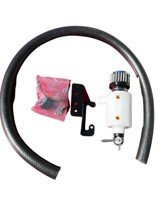 Sea-Doo Oil Catch Can Kit, designed to prevent oil buildup and maintain engine cleanliness in Sea-Doo watercraft. The kit includes a high-quality oil catch can, hoses, and mounting hardware, all engineered for easy installation and a perfect fit. This system effectively traps oil and contaminants, ensuring optimal engine performance and longevity.