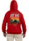 On the back of the Red Toronto Jet Ski Logo Hoodie, a vibrant square box showcases the phrase 'born to jet ski forced to work' in red, orange, yellow, and green, creating a dynamic backdrop. Within the box, a black silhouette of a man on a Sea-Doo adds an adventurous touch, embodying the spirit of watersport enthusiasts. This unique design captures the thrill and freedom of jet skiing, making a bold statement for those who love the open water.