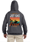 On the back of the Grey Toronto Jet Ski Logo Hoodie, a vibrant square box showcases the phrase 'born to jet ski forced to work' in red, orange, yellow, and green, creating a dynamic backdrop. Within the box, a black silhouette of a man on a Sea-Doo adds an adventurous touch, embodying the spirit of watersport enthusiasts. This unique design captures the thrill and freedom of jet skiing, making a bold statement for those who love the open water.