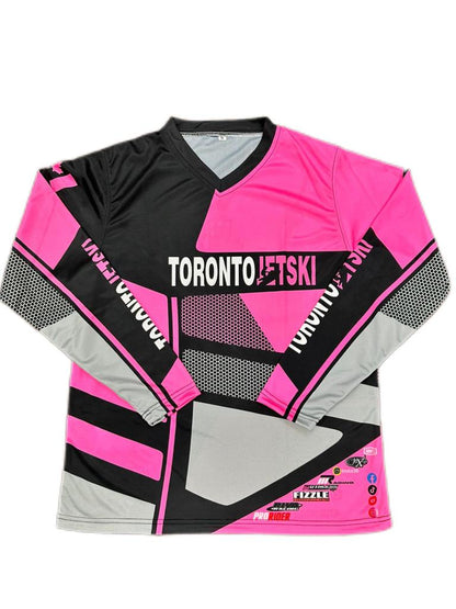 New Design Toronto Jet Ski Jersey in vibrant pink and black color scheme.  The jersey features bold black stripes running diagonally across the chest and sleeves, with 'Toronto' printed in sleek black font on the front.  The material is lightweight and breathable, perfect for high-performance jet skiing.