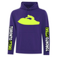 Toronto Jet Ski Water Performance Hoodie in Purple, featuring a neon yellow silhouette of a man on a Sea-Doo for added style and attitude. The arms display the word 'Toronto' in white, with 'jetskis' in vibrant neon green, offering a dynamic contrast against the purple backdrop. Crafted for water performance, this hoodie combines comfort and functionality for watersport enthusiasts.