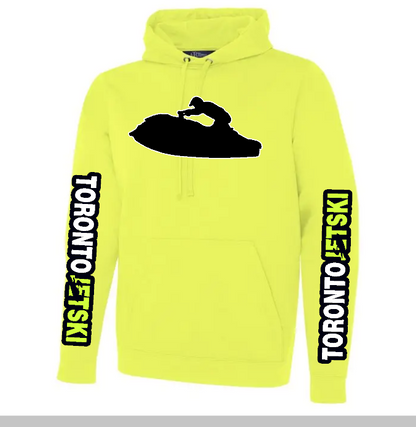 Toronto Jet Ski Water Performance Hoodie in Yellow, featuring a black silhouette of a man on a Sea-Doo for added style and attitude. The arms display the word 'Toronto' in white, with 'jetskis' in vibrant neon green, offering a dynamic contrast against the yellow backdrop. Crafted for water performance, this hoodie combines comfort and functionality for watersport enthusiasts.