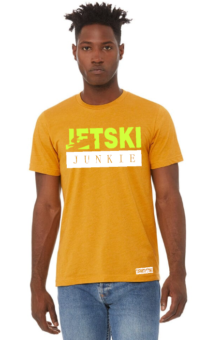 Jet Ski Junkies Yellow T-shirt, designed for watersport enthusiasts. This vibrant shirt features 'Jet Ski' in neon yellow and 'Junkies' outlined in a white box, creating a bold and dynamic design. Made with comfortable fabric, it's perfect for expressing your love for jet skiing in style