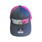 This trucker hat boasts vibrant pink mesh panels on the back, ensuring breathability and a striking contrast against the sleek black front. The 'Toronto Jet Ski' logo, embroidered in vibrant pink on the front panel, adds a stylish accent. With its adjustable snapback closure for a customized fit, this hat combines practicality with urban flair, making it the perfect accessory for your watersport adventures.