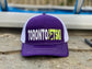 Toronto Jet Ski Trucker Hat: Front panel in vibrant purple with white embroidered 'Toronto' and neon yellow 'jetski' logo. Back features breathable white mesh material. Neon stitching accents the brim, adding a pop of color to this stylish watersport accessory.