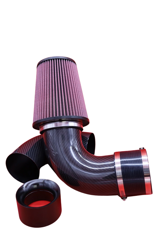 Side view of the Sea-Doo Carbon Fiber Cold Air Intake, a high-performance improvement for Sea-Doo watercraft. This intake system has a sleek, lightweight carbon fiber design that maximizes airflow and improves engine performance. The cold air intake enhances throttle responsiveness and power production while giving your watercraft a sleek, high-tech appearance.